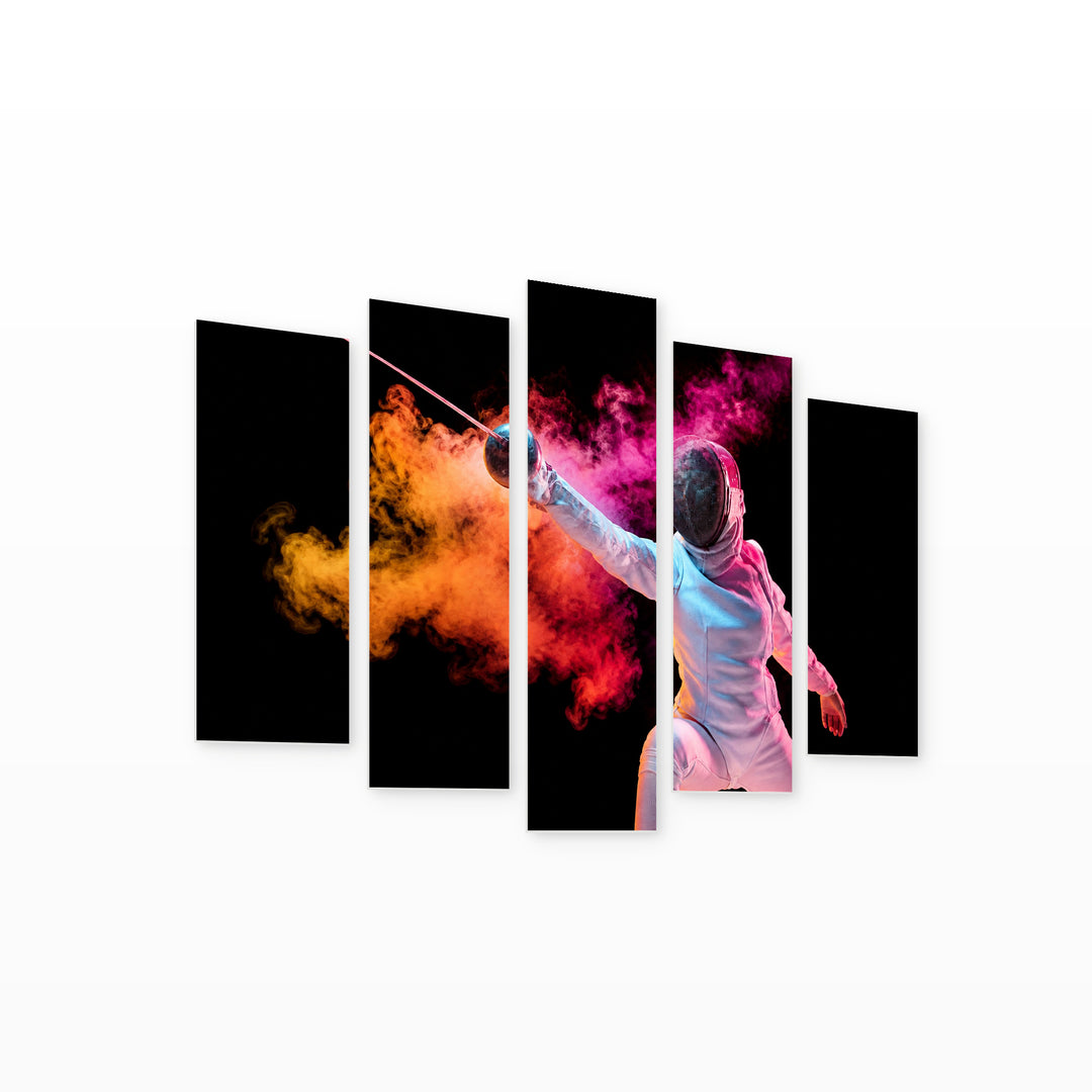 Girl in Fencing Suit with Sword Motion Study — five-panel wall art on white background in perspective | 5wallart 51552 M1