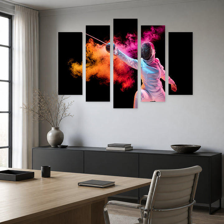 Girl in Fencing Suit with Sword Motion Study — five-panel wall art in frontal interior | 5wallart 51552 M3