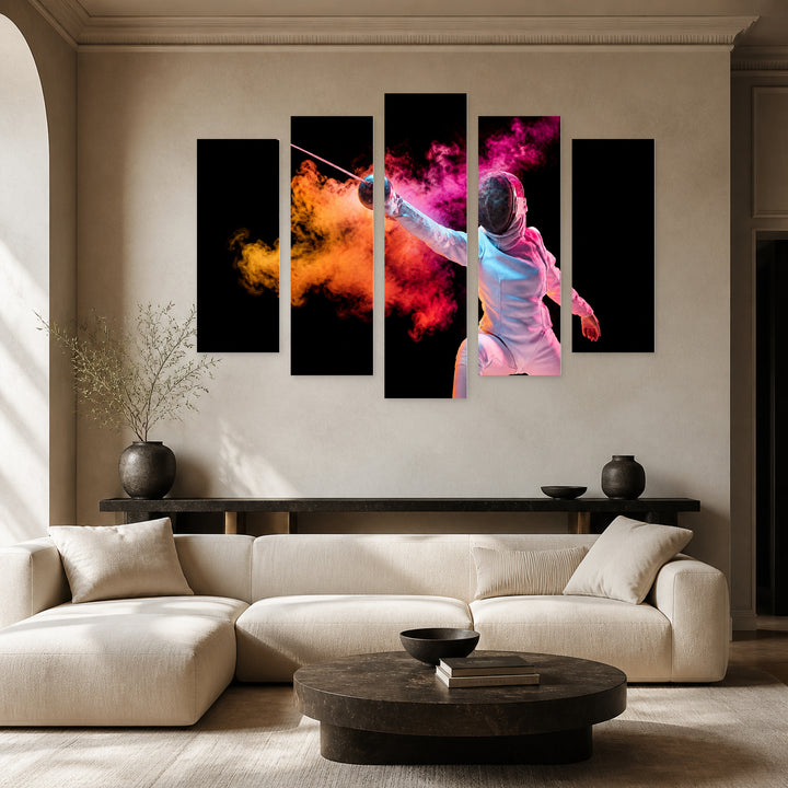Girl in Fencing Suit with Sword Motion Study — five-panel wall art in alternate frontal interior | 5wallart 51552 M4