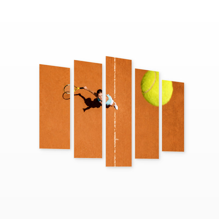 Girl Playing Tennis in Vivid Color — five-panel wall art on white background in perspective | 5wallart 51554 M1