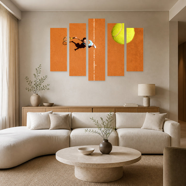 Girl Playing Tennis in Vivid Color — five-panel wall art in alternate frontal interior | 5wallart 51554 M4