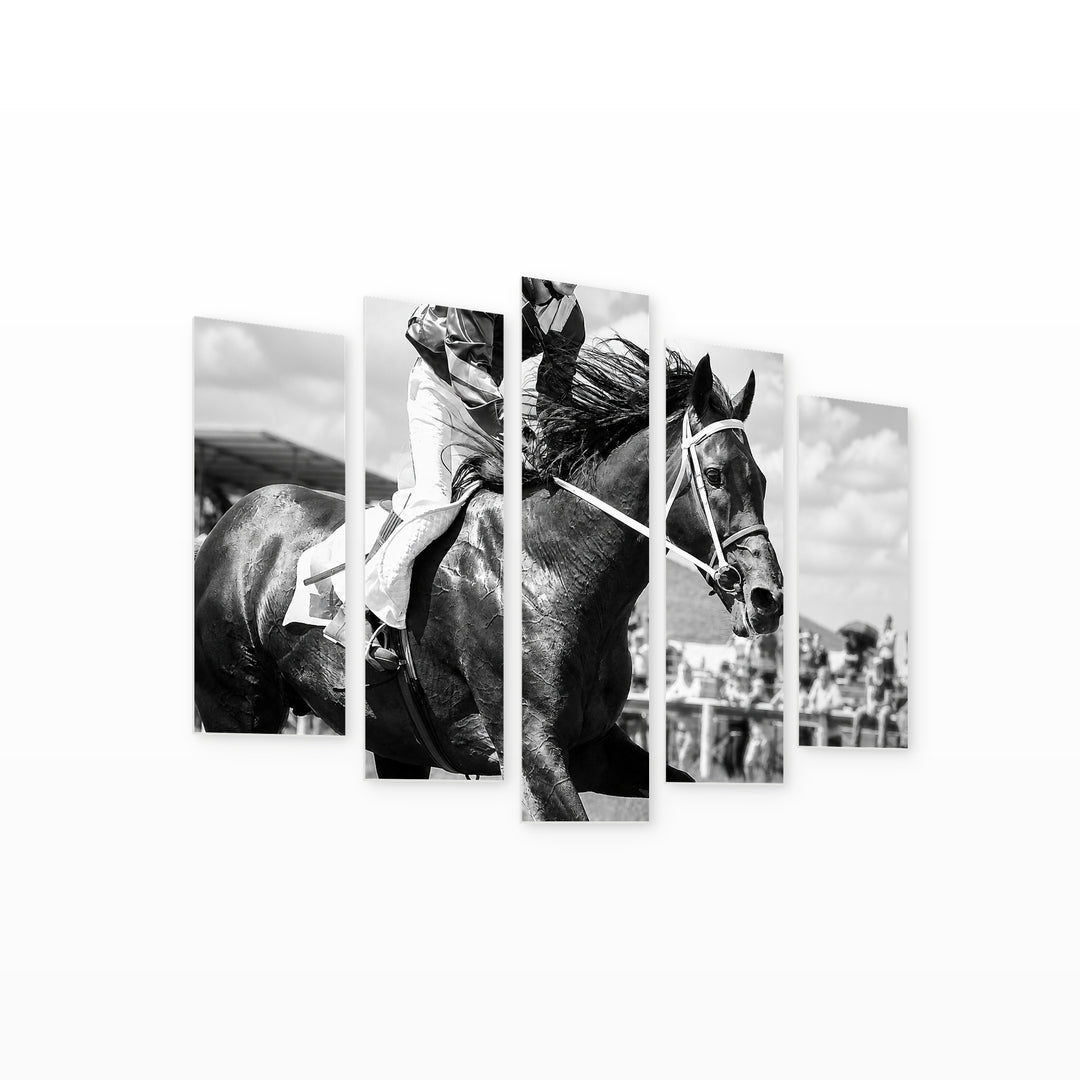 Portrait of a Racehorse with Geometric Rhythm — five-panel wall art on white background in perspective | 5wallart 51556 M1