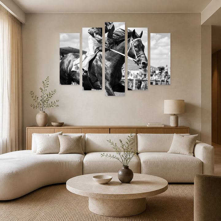 Portrait of a Racehorse with Geometric Rhythm — five-panel wall art in alternate frontal interior | 5wallart 51556 M4