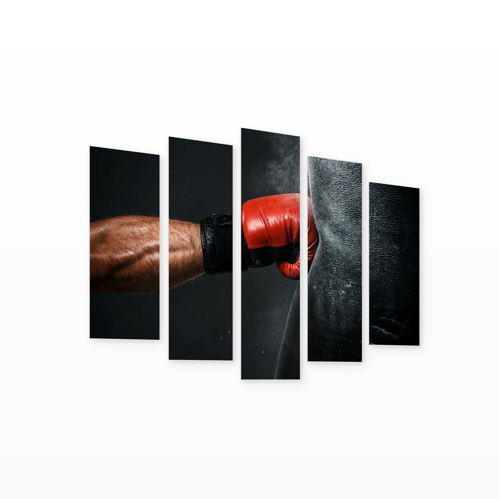 Boxer's Hand and Punching Bag with Dramatic Contrast — five-panel wall art on white background in perspective | 5wallart 51557 M1
