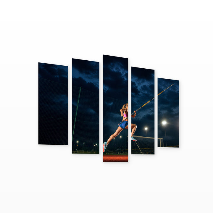 High Jump Training in Blue and Gold — five-panel wall art on white background in perspective | 5wallart 51558 M1