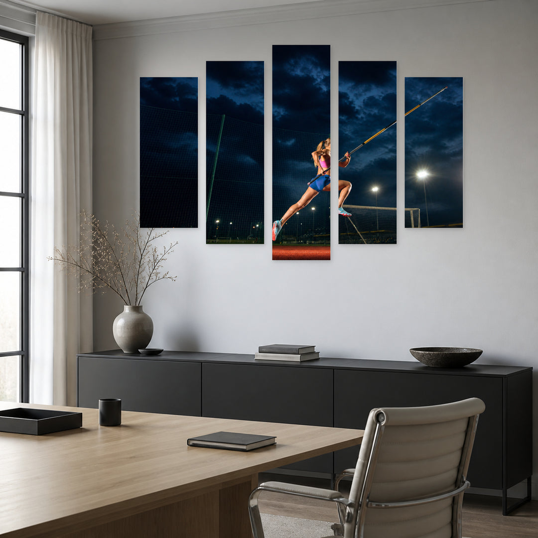 High Jump Training in Blue and Gold — five-panel wall art in frontal interior | 5wallart 51558 M3