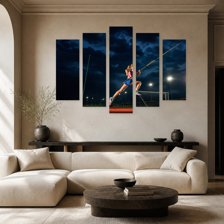 High Jump Training in Blue and Gold — five-panel wall art in alternate frontal interior | 5wallart 51558 M4