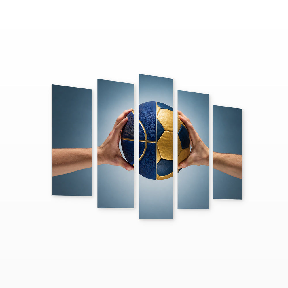 Soccer and Basketball Ball in Blue and Gold — five-panel wall art on white background in perspective | 5wallart 51559 M1