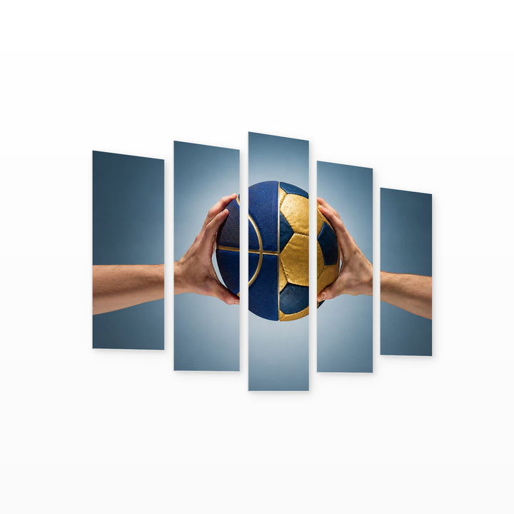 Soccer and Basketball Ball in Blue and Gold — five-panel wall art on white background in perspective | 5wallart 51559 M1