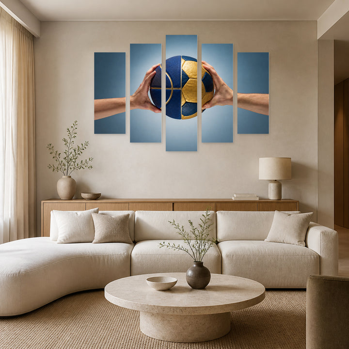 Soccer and Basketball Ball in Blue and Gold — five-panel wall art in frontal interior | 5wallart 51559 M3