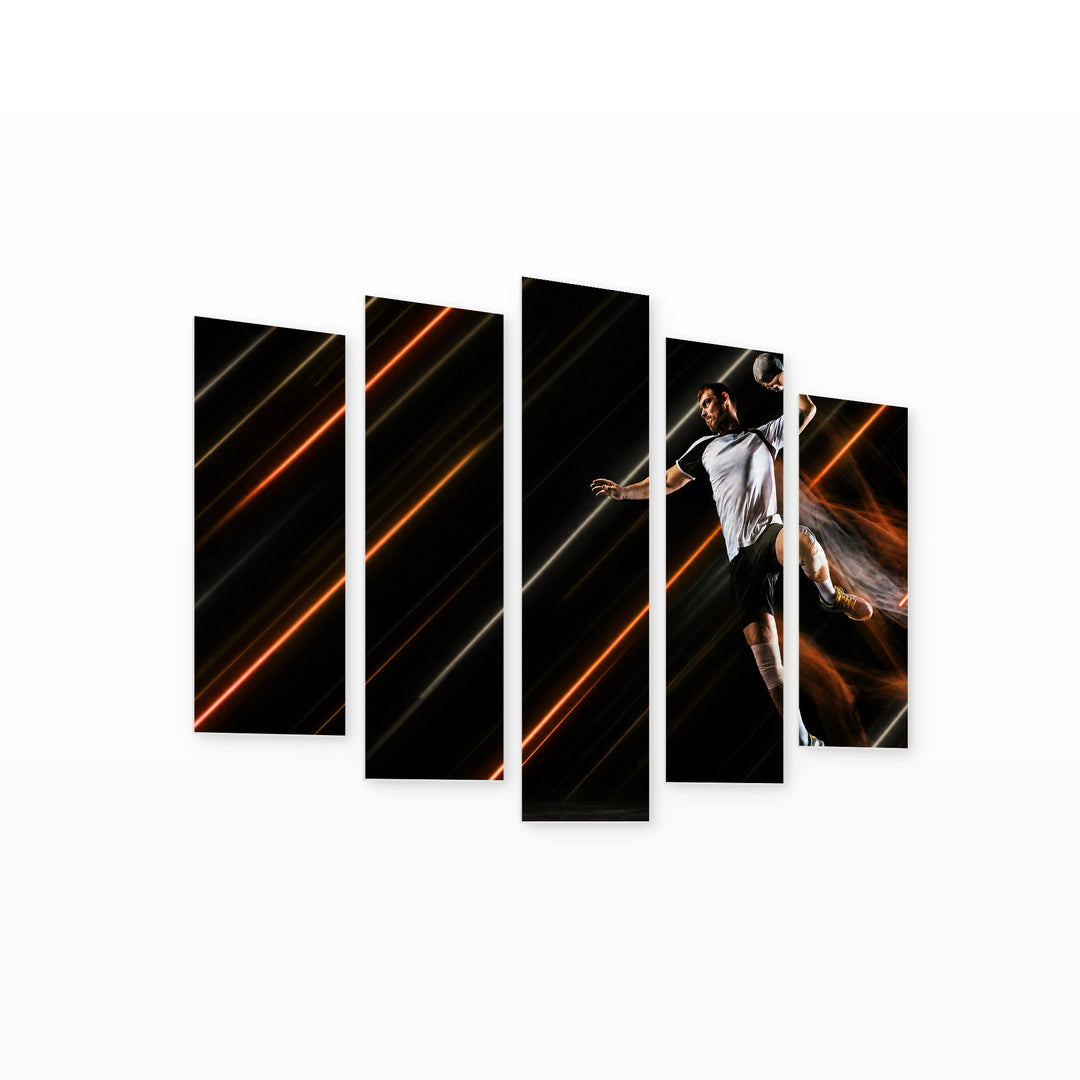 Handball Player and Neon Lines at Night — five-panel wall art on white background in perspective | 5wallart 51562 M1