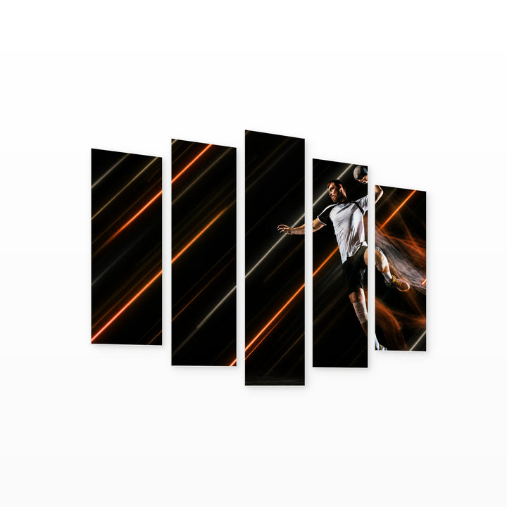 Handball Player and Neon Lines at Night — five-panel wall art on white background in perspective | 5wallart 51562 M1