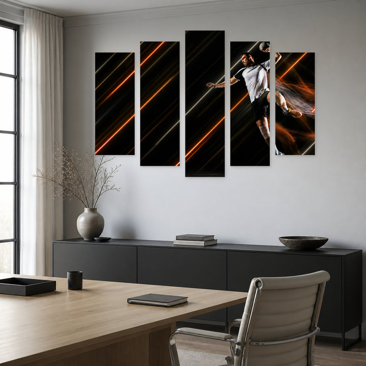 Handball Player and Neon Lines at Night — five-panel wall art in frontal interior | 5wallart 51562 M3
