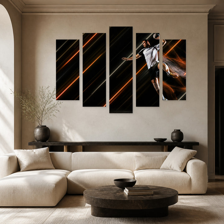 Handball Player and Neon Lines at Night — five-panel wall art in alternate frontal interior | 5wallart 51562 M4