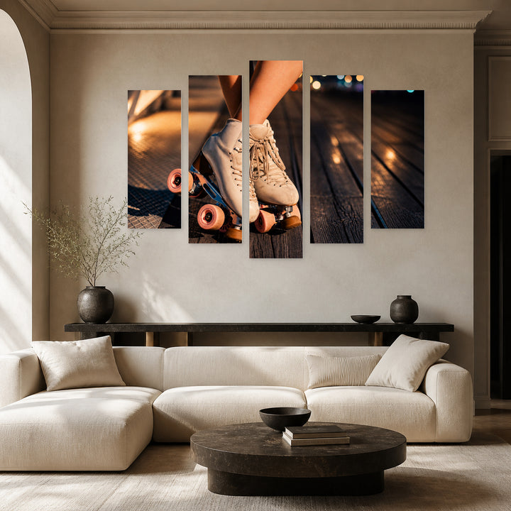 Roller Skates at Night — five-panel wall art in alternate frontal interior | 5wallart 51566 M4