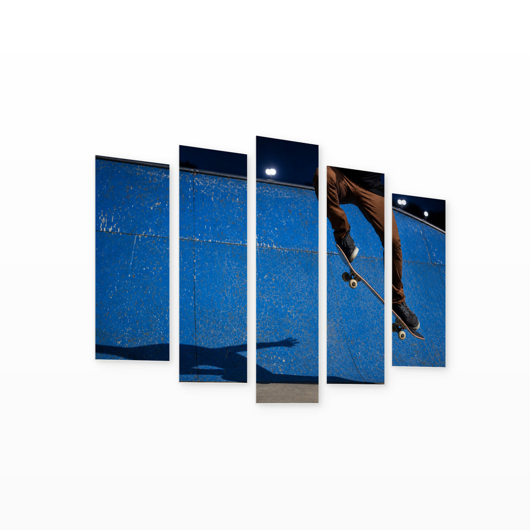 Skateboarder in a Skate Park at Night — five-panel wall art on white background in perspective | 5wallart 51568 M1