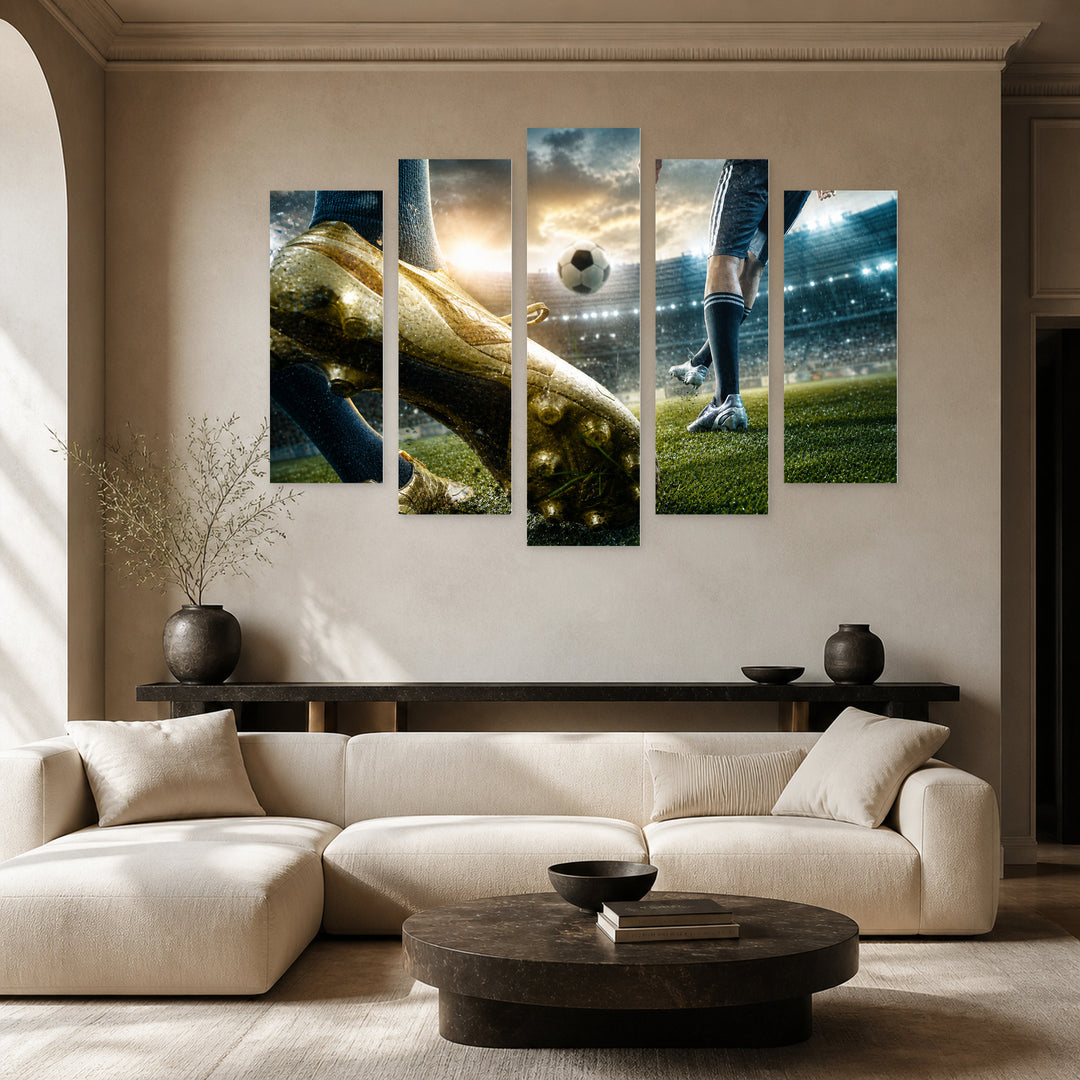Soccer Players Moving on the Stadium Motion Study — five-panel wall art in alternate frontal interior | 5wallart 51572 M4