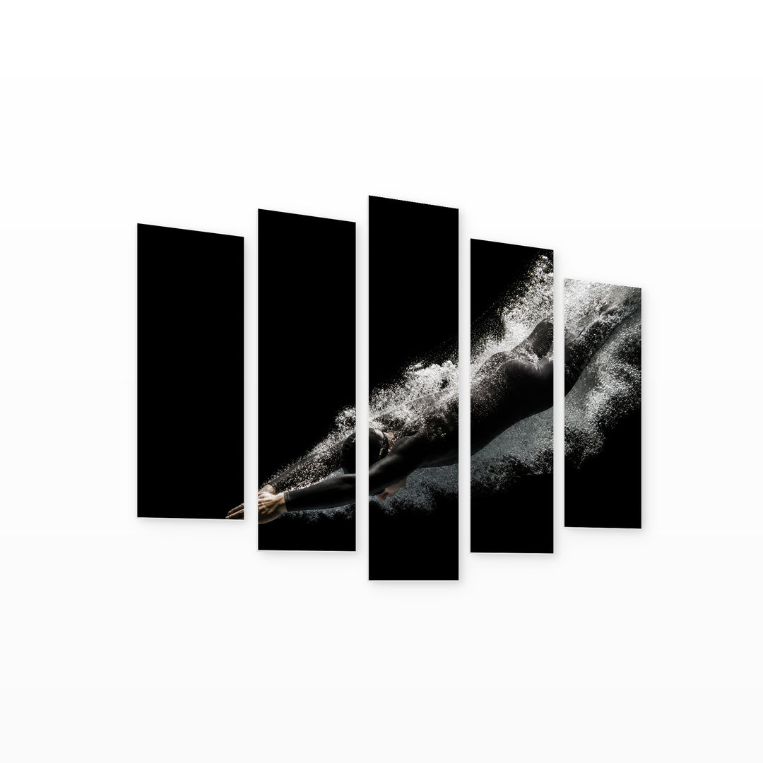 Person in a Black Pool in Serene Light — five-panel wall art on white background in perspective | 5wallart 51574 M1