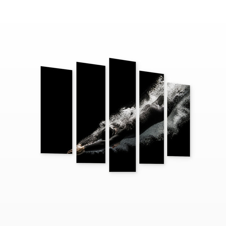 Person in a Black Pool in Serene Light — five-panel wall art on white background in perspective | 5wallart 51574 M1