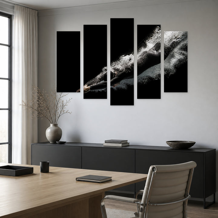 Person in a Black Pool in Serene Light — five-panel wall art in frontal interior | 5wallart 51574 M3