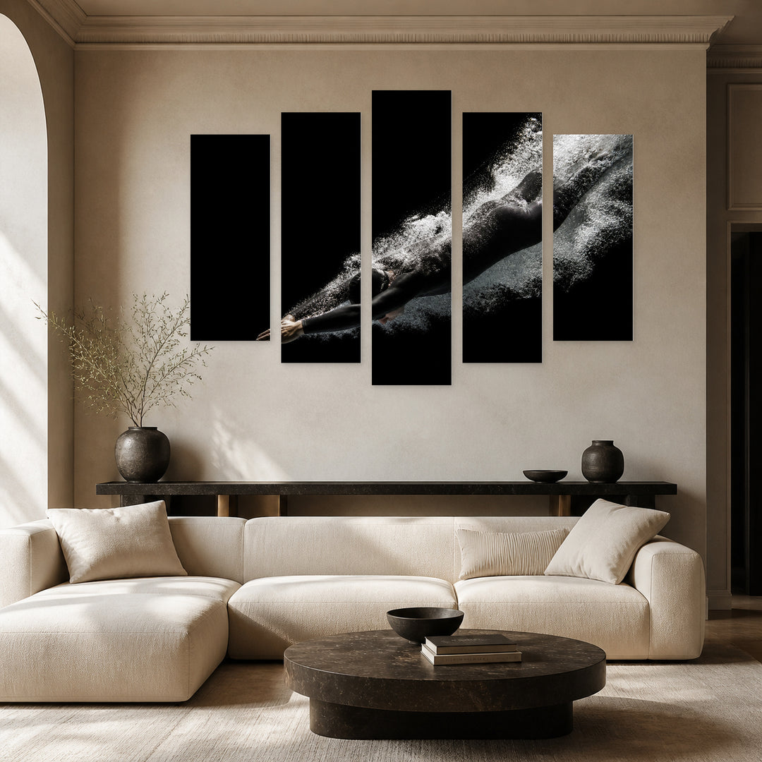 Person in a Black Pool in Serene Light — five-panel wall art in alternate frontal interior | 5wallart 51574 M4