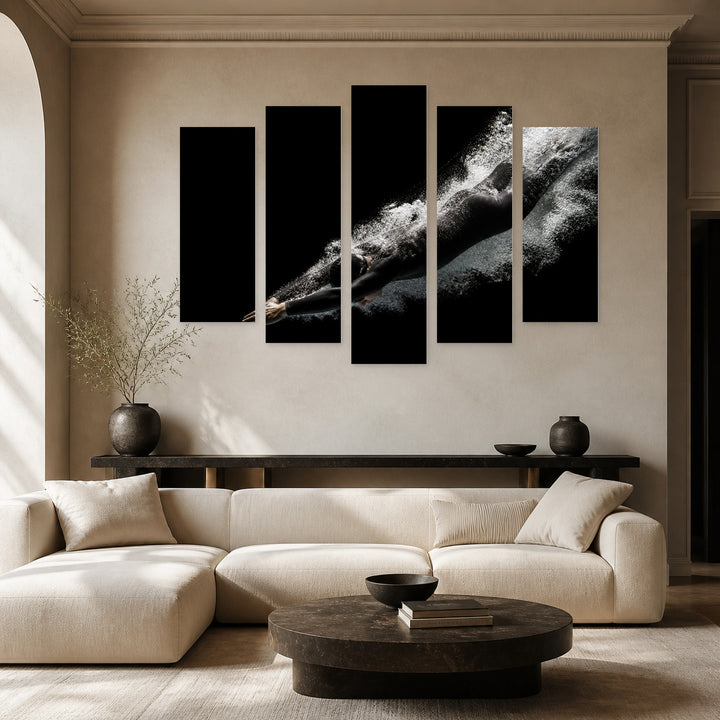 Person in a Black Pool in Serene Light — five-panel wall art in alternate frontal interior | 5wallart 51574 M4
