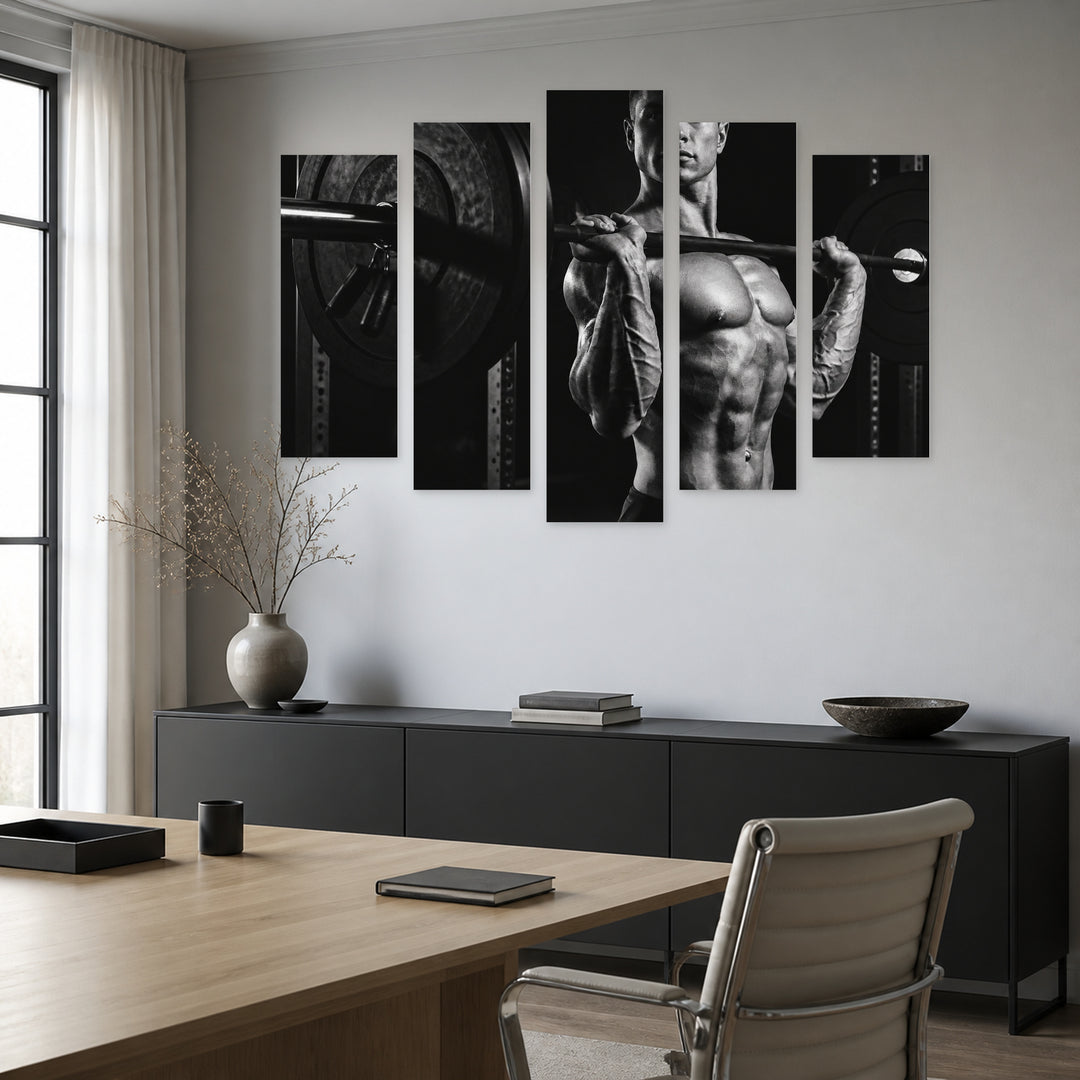 Bodybuilding at Night — five-panel wall art in alternate frontal interior | 5wallart 51577 M4