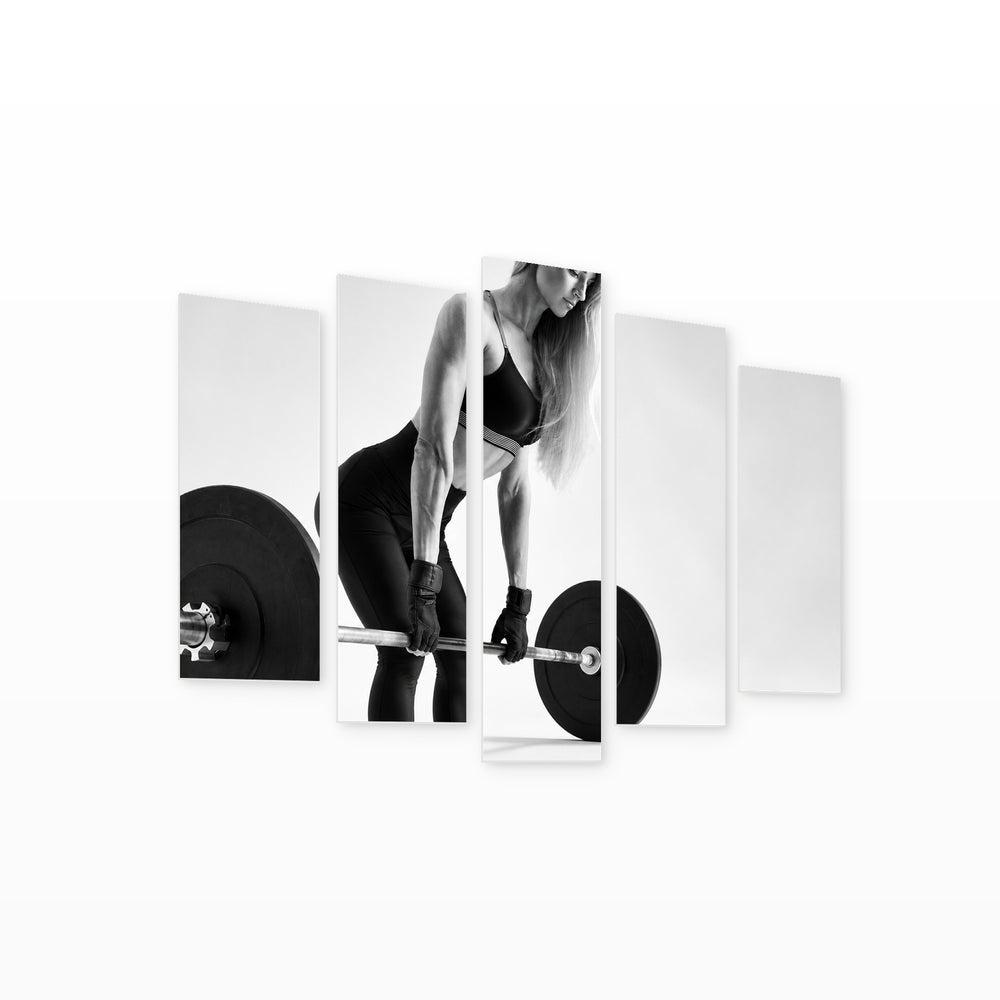 Sporty Fitness Woman with Dramatic Contrast — five-panel wall art on white background in perspective | 5wallart 51579 M1