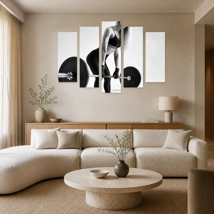 Sporty Fitness Woman with Dramatic Contrast — five-panel wall art in frontal interior | 5wallart 51579 M3