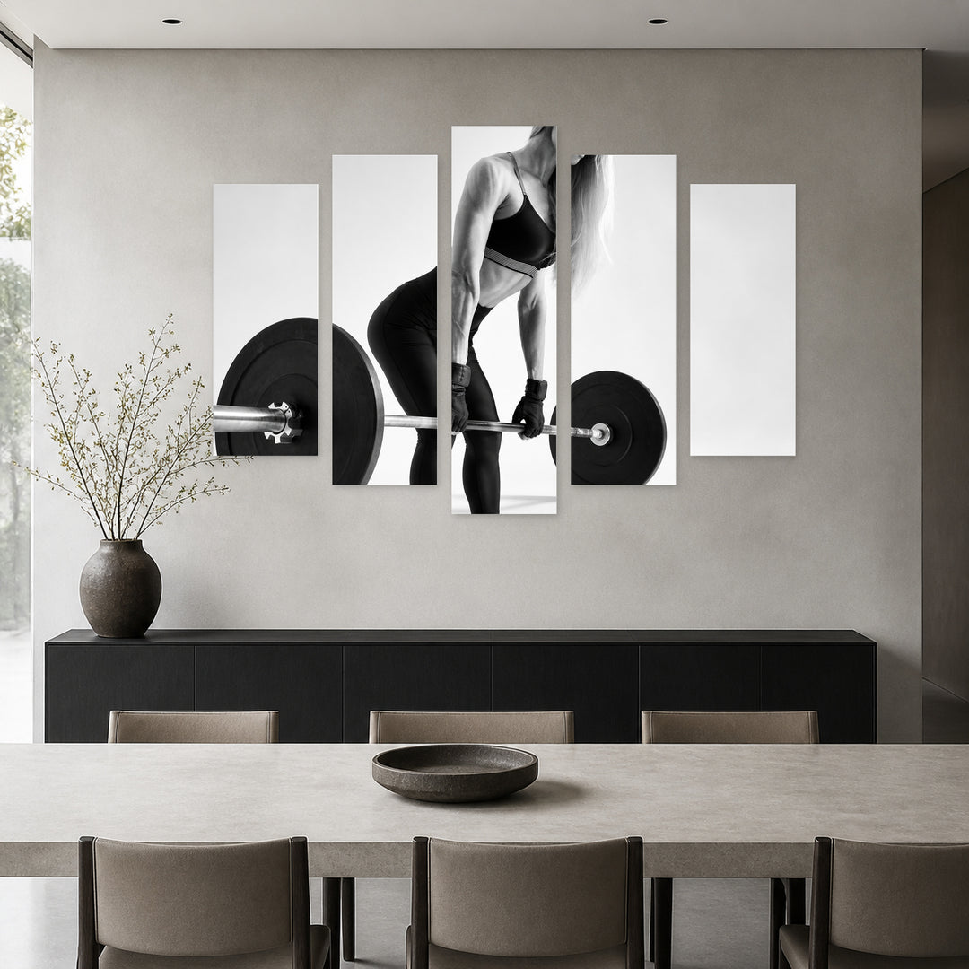 Sporty Fitness Woman with Dramatic Contrast — five-panel wall art in alternate frontal interior | 5wallart 51579 M4