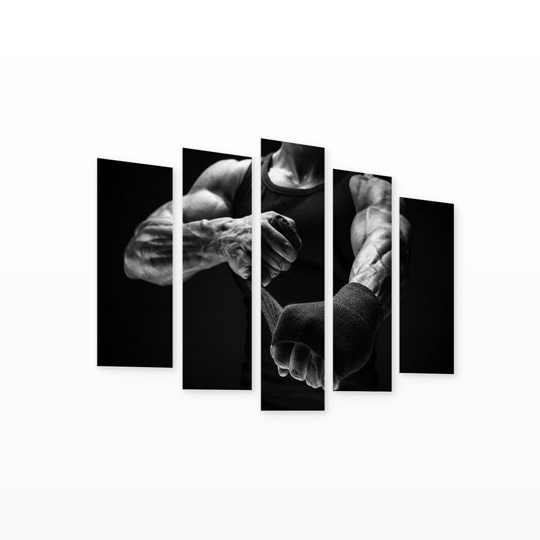 Strong Boxer Portrait with Dramatic Contrast — five-panel wall art on white background in perspective | 5wallart 51582 M1