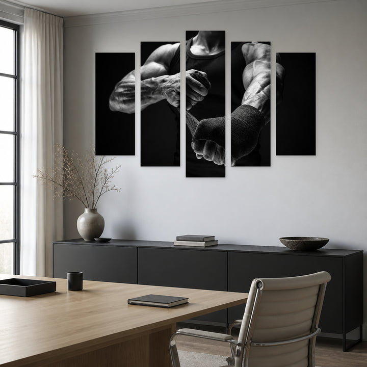 Strong Boxer Portrait with Dramatic Contrast — five-panel wall art in frontal interior | 5wallart 51582 M3