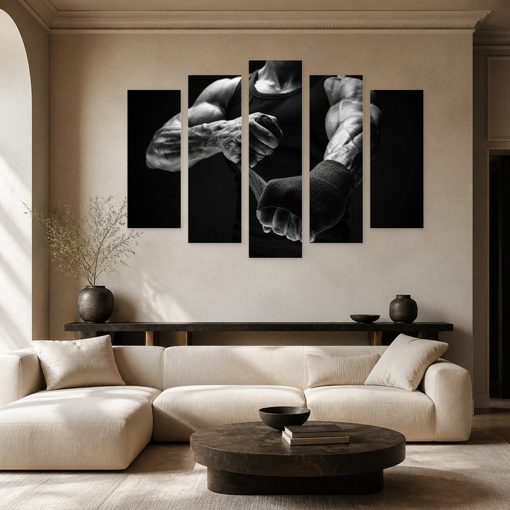 Strong Boxer Portrait with Dramatic Contrast — five-panel wall art in alternate frontal interior | 5wallart 51582 M4