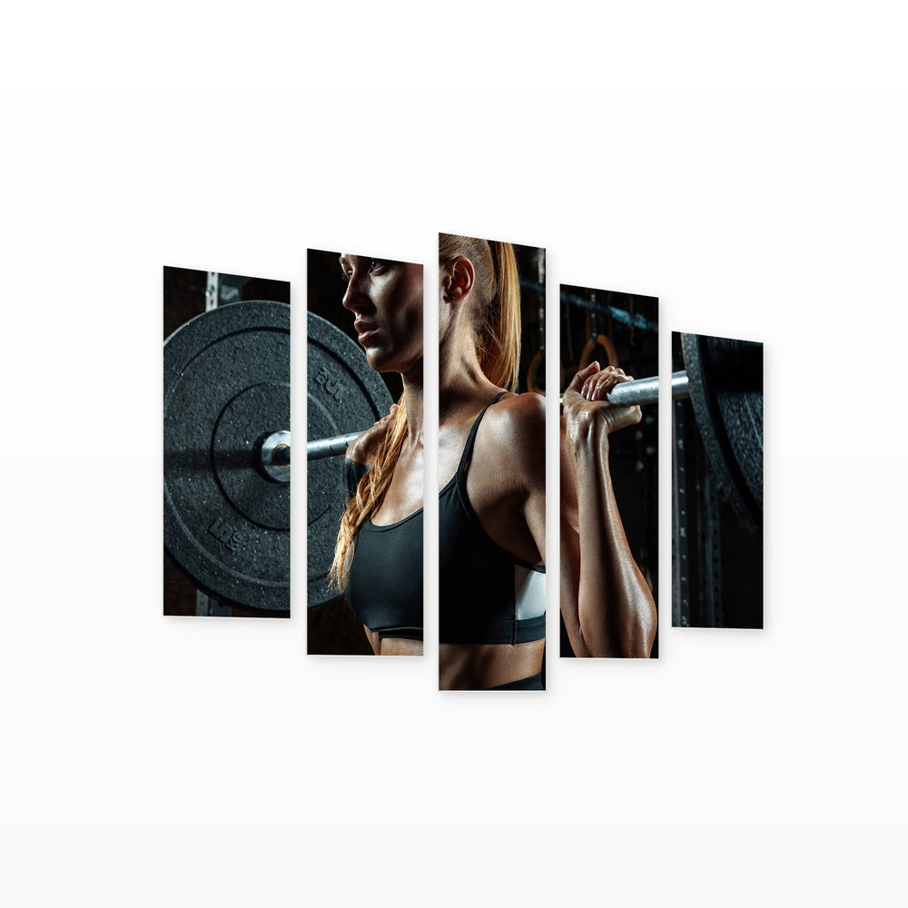 Strong Athletic Woman with Dramatic Contrast — five-panel wall art on white background in perspective | 5wallart 51583 M1
