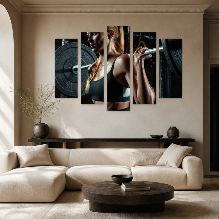 Strong Athletic Woman with Dramatic Contrast — five-panel wall art in frontal interior | 5wallart 51583 M3