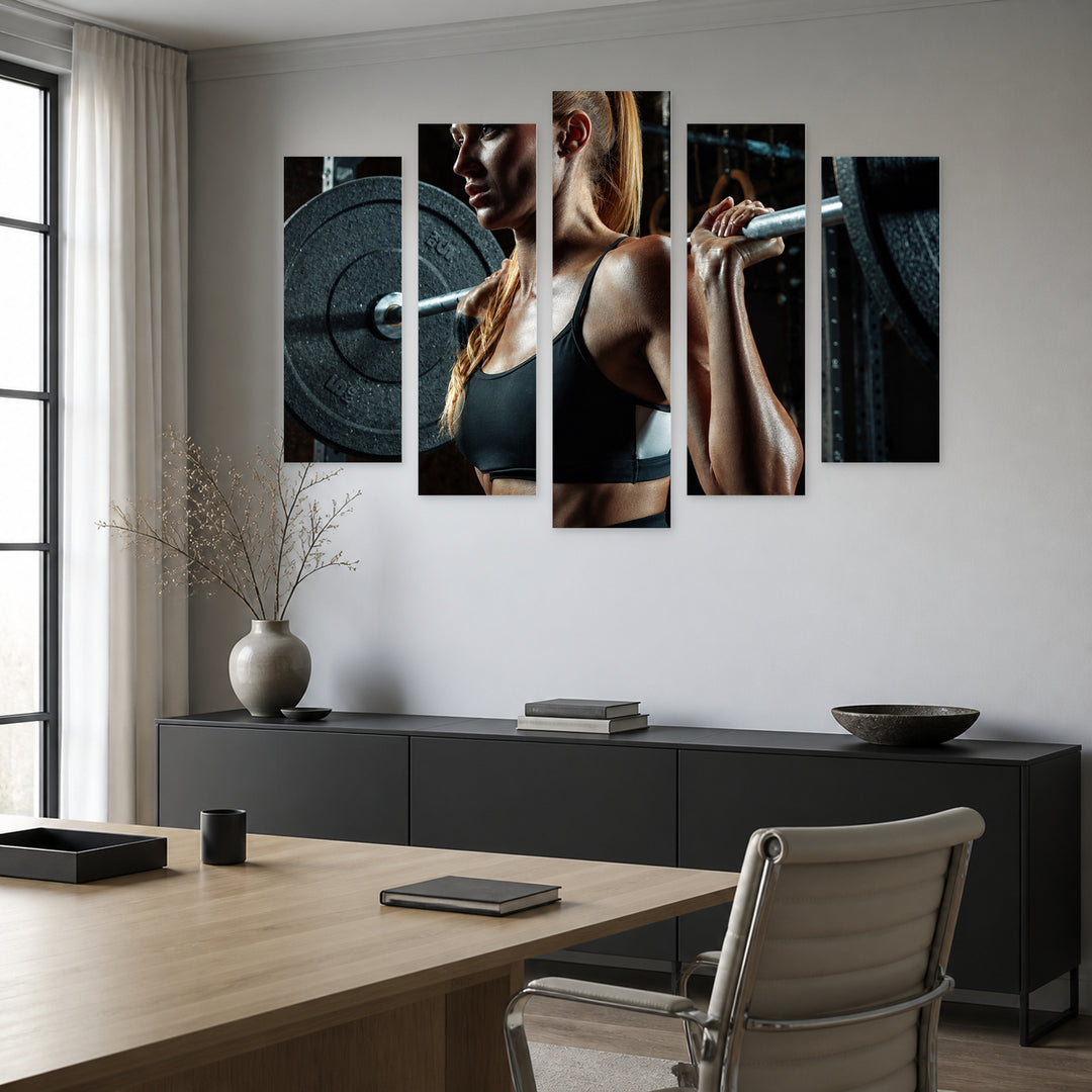 Strong Athletic Woman with Dramatic Contrast — five-panel wall art in alternate frontal interior | 5wallart 51583 M4