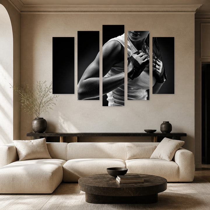 Fitness Athletic Woman with Dramatic Contrast — five-panel wall art in frontal interior | 5wallart 51587 M3