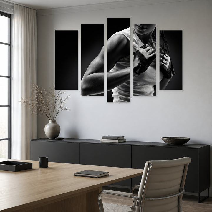 Fitness Athletic Woman with Dramatic Contrast — five-panel wall art in alternate frontal interior | 5wallart 51587 M4