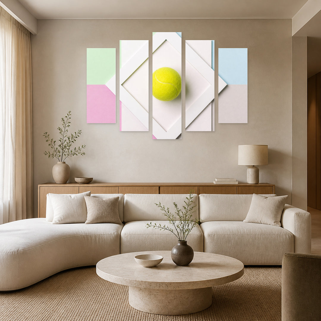 Tennis Ball in a White Frame Motion Study — five-panel wall art in alternate frontal interior | 5wallart 51588 M4