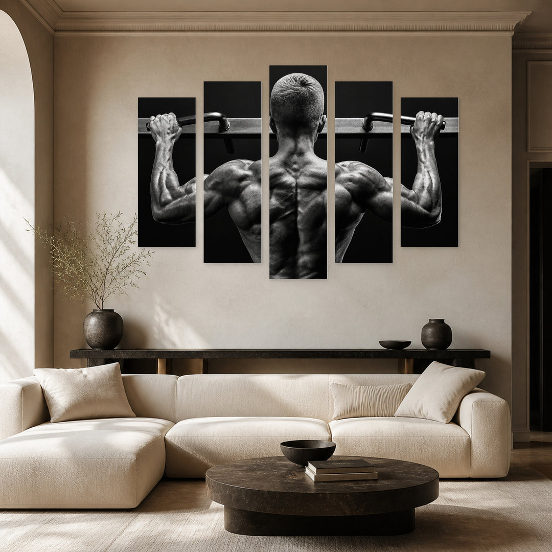 Muscular Man with Dramatic Contrast — five-panel wall art in alternate frontal interior | 5wallart 51594 M4