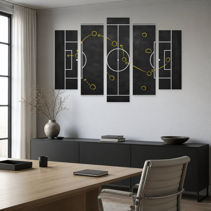 Soccer Game Strategy Motion Study — five-panel wall art in alternate frontal interior | 5wallart 51617 M4