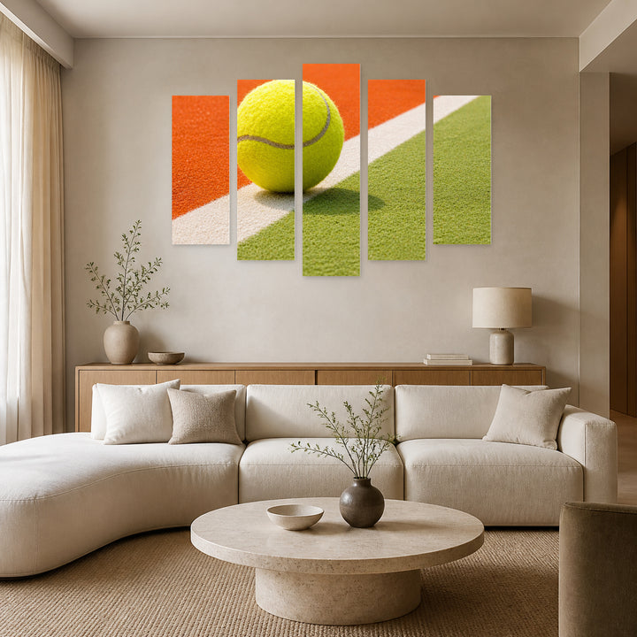 Tennis Ball with Dramatic Contrast — five-panel wall art in frontal interior | 5wallart 51627 M3