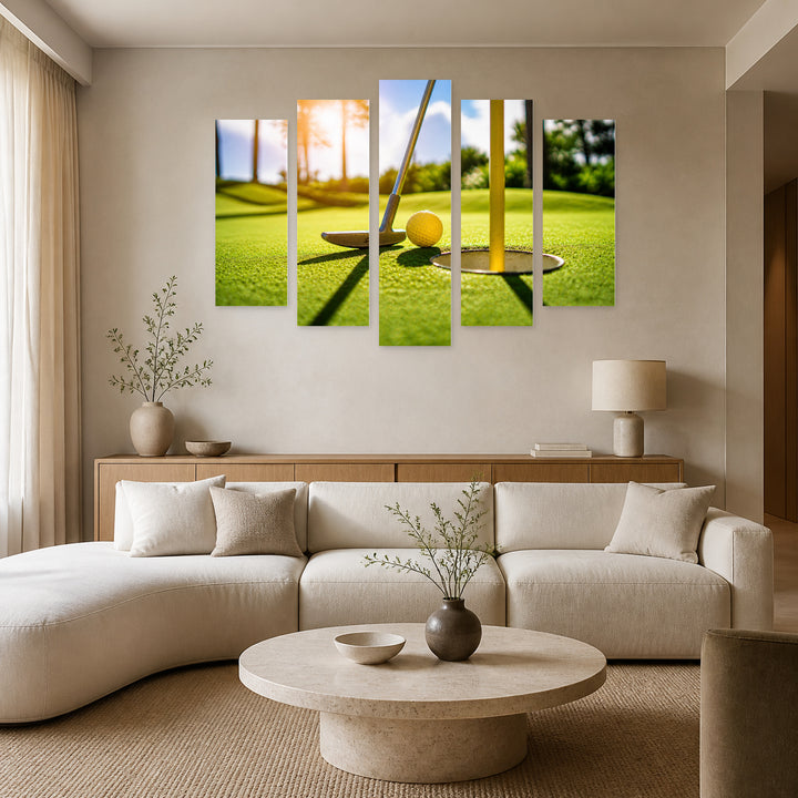 Mini Golf with Geometric Rhythm — five-panel wall art in frontal interior | 5wallart 51629 M3
