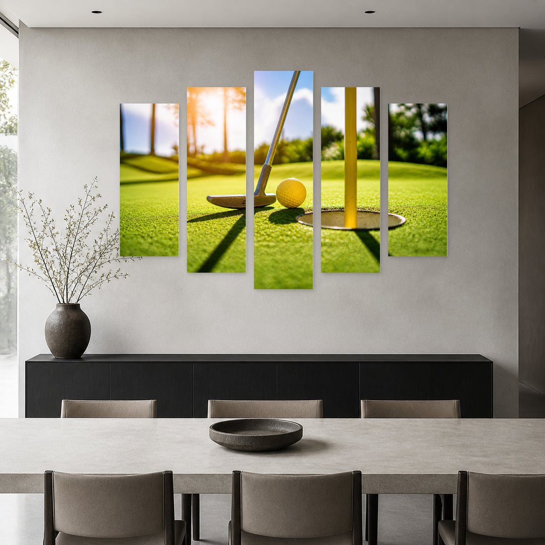 Mini Golf with Geometric Rhythm — five-panel wall art in alternate frontal interior | 5wallart 51629 M4