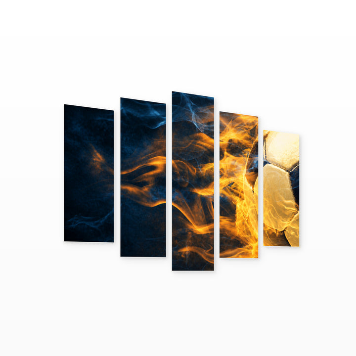 Burning Soccer Ball in Blue and Gold — five-panel wall art on white background in perspective | 5wallart 51631 M1