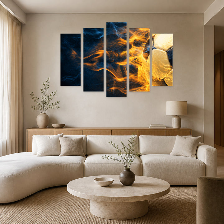 Burning Soccer Ball in Blue and Gold — five-panel wall art in frontal interior | 5wallart 51631 M3