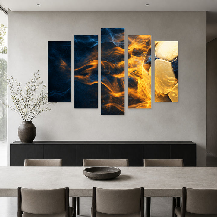 Burning Soccer Ball in Blue and Gold — five-panel wall art in alternate frontal interior | 5wallart 51631 M4