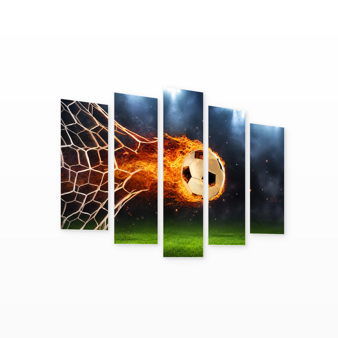 Fireball in a Soccer Goal with Dramatic Contrast — five-panel wall art on white background in perspective | 5wallart 51633 M1