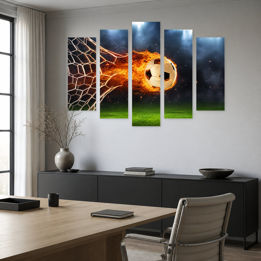 Fireball in a Soccer Goal with Dramatic Contrast — five-panel wall art in alternate frontal interior | 5wallart 51633 M4