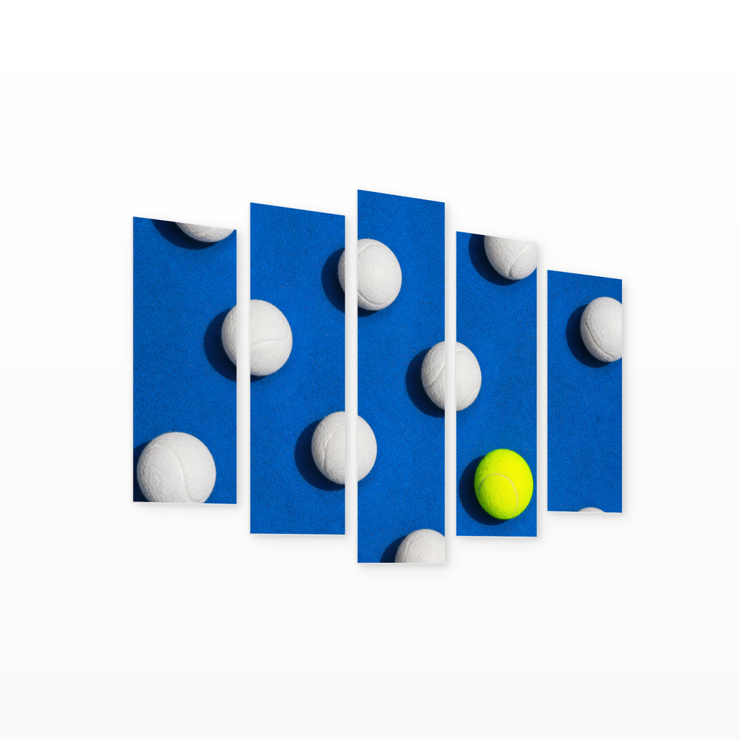 Composition with Tennis Balls with Dramatic Contrast — five-panel wall art on white background in perspective | 5wallart 51637 M1